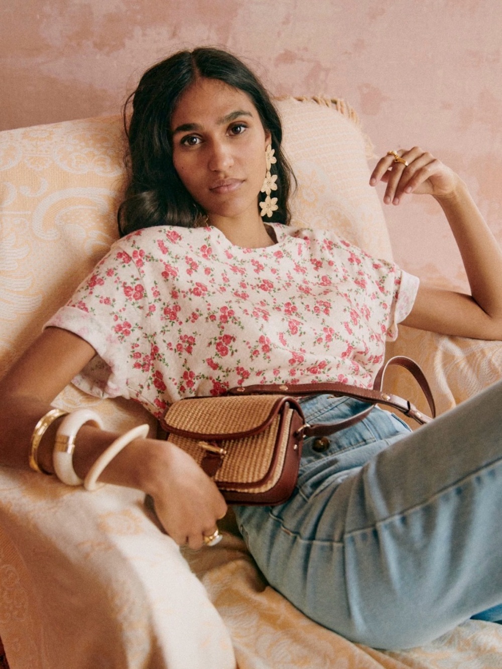 Sezane Martha T-shirt Floral Pink Short Sleeve Tee - Rosa print - XS new